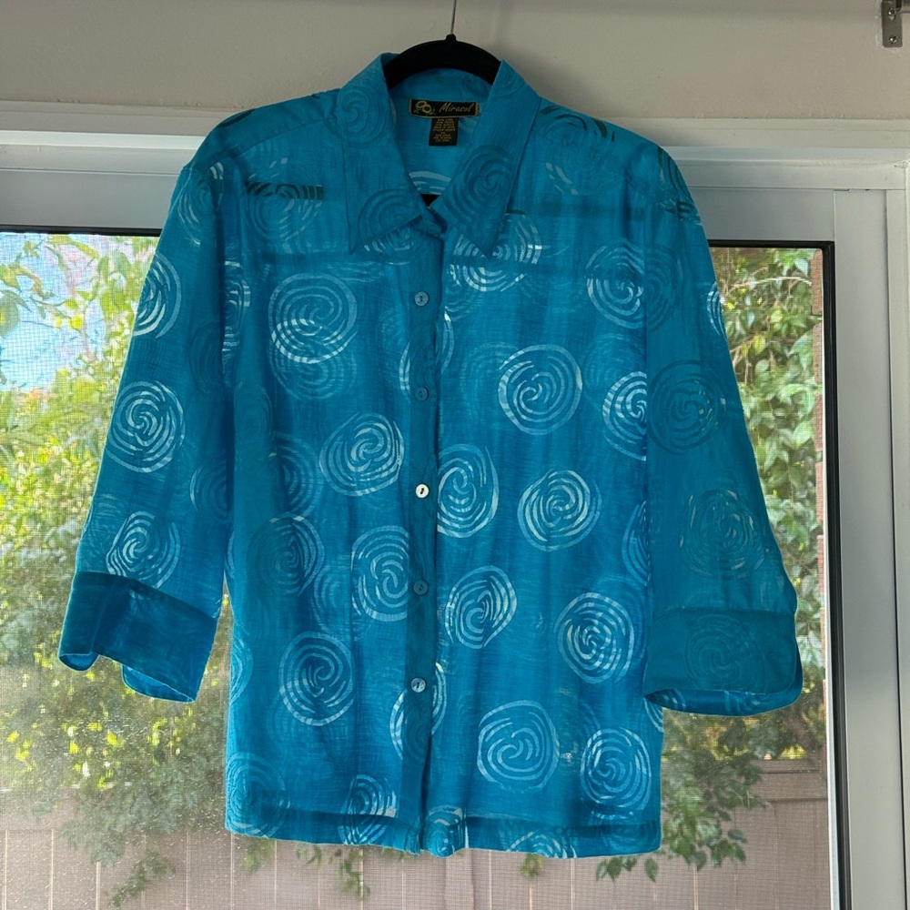 Turquoise Linen Blend Turquoise Shirt Sz 1X